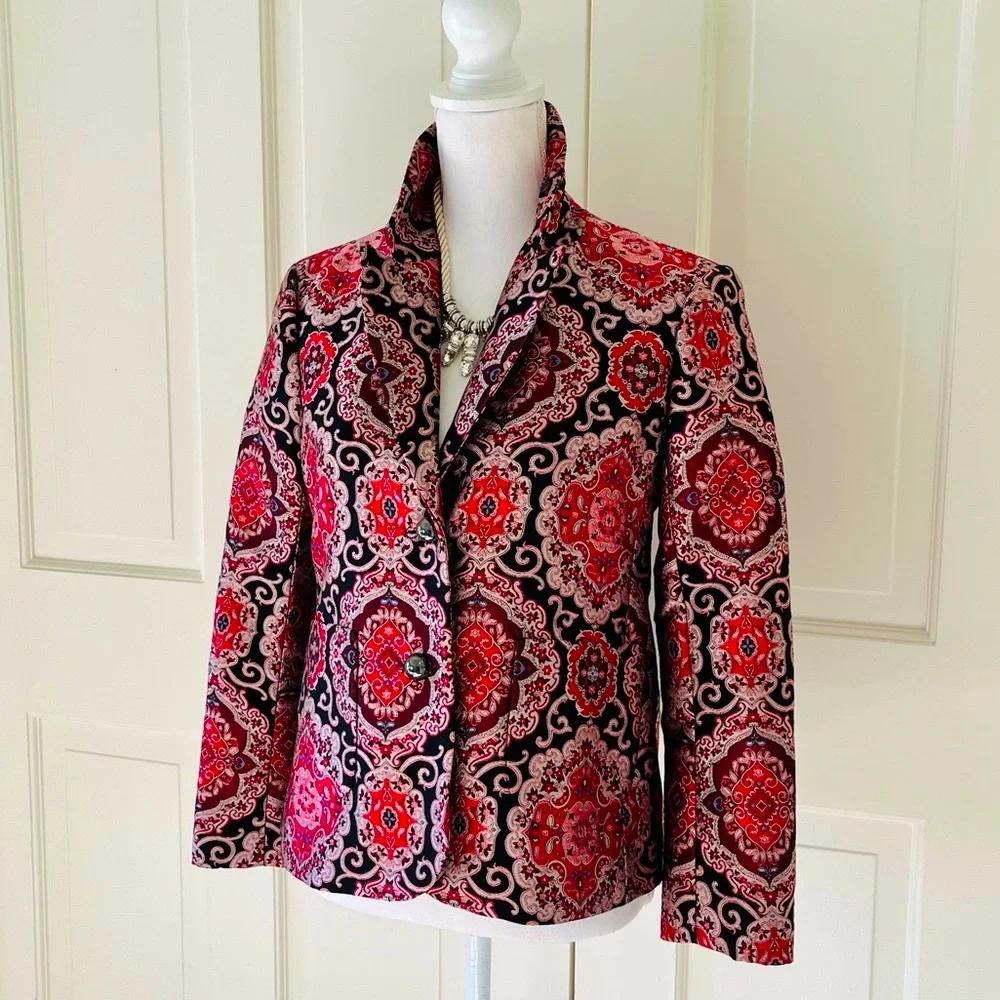 Kate Spade red black brocade jacket 2